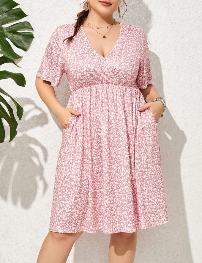 ShopWonder Plus Size Dress Women's V Neck A-Line Knee Length Wrap Swing Dresses Plus Size A Line Party Mini Dress – Bild 3