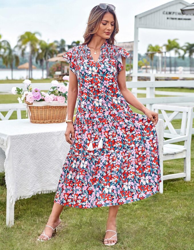 GRACE KARIN Womens Summer Floral Midi Dresses Short Sleeve Beach Wedding Guest Dress Drawstring Long Flowy Dress with Pockets – Bild 3