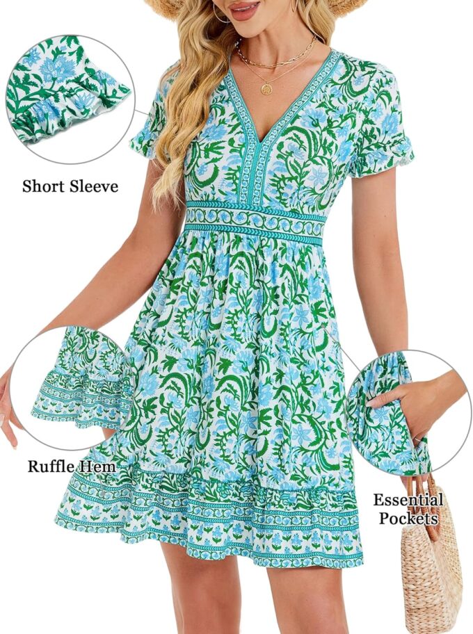 OURIN Womens Summer Dresses 2025 V Neck Short Sleeve Ruffle Floral Casual Boho Beach A Line Midi Sundress – Bild 5