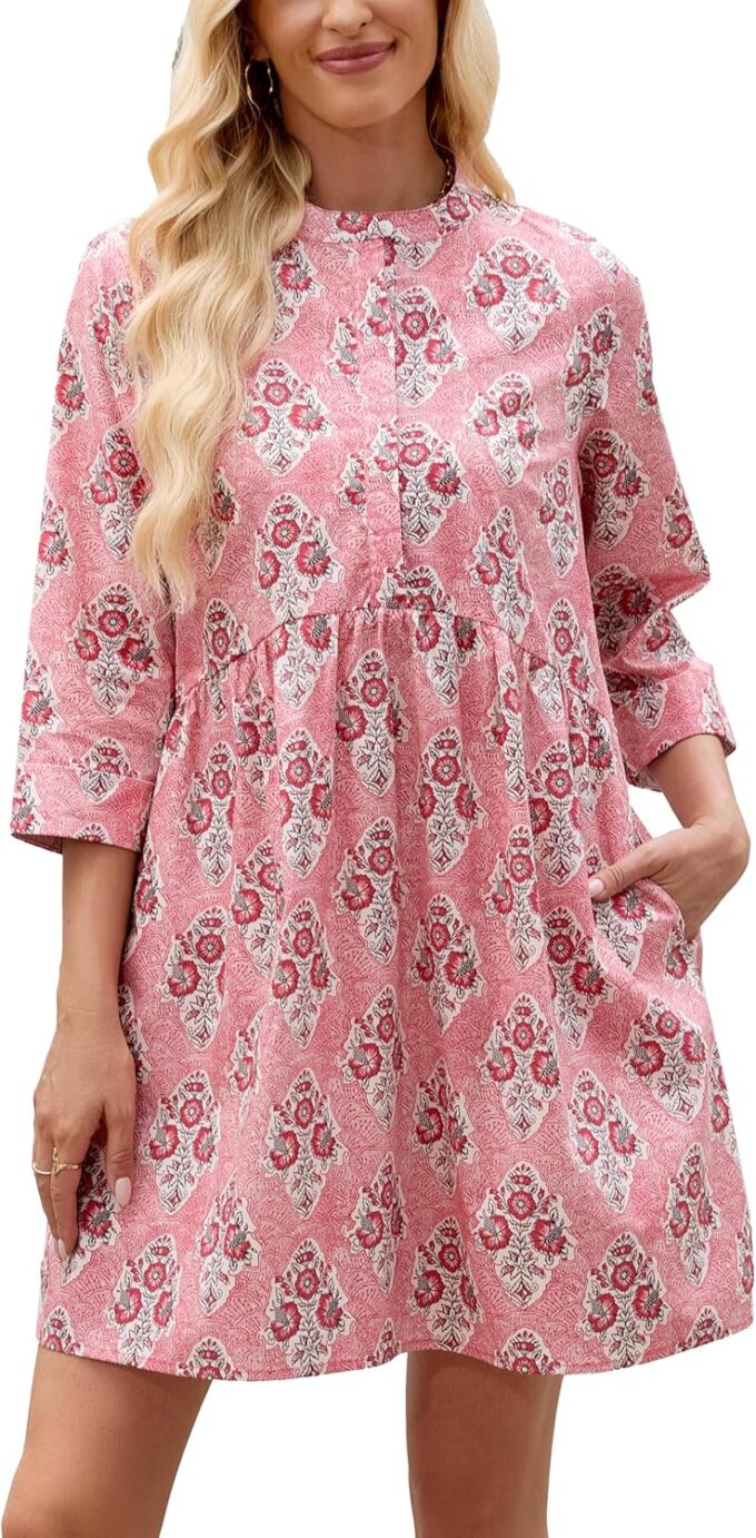 Floral Dress for Women 3/4 Sleeve Button Up Shift Boho Mini Tunic Cotton Shirt Dresses with Pockets