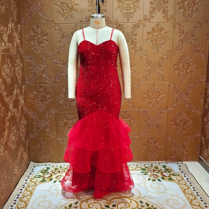 Women Sexy Sleeveless Sequin Mesh Patchwork Maxi Dress Red Plus Size Sling Cocktail Party Formal Gowns – Bild 4