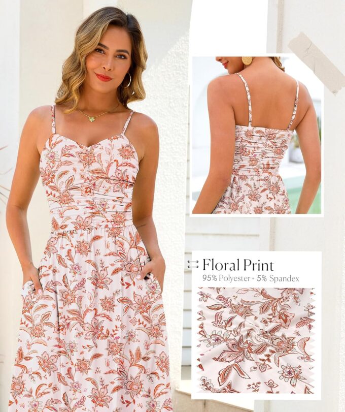 Maggeer Women's 2025 Summer Adjustable Spaghetti Strap Ruched Maxi Dress Floral Beach Boho Long Sundress with Pockets – Bild 4