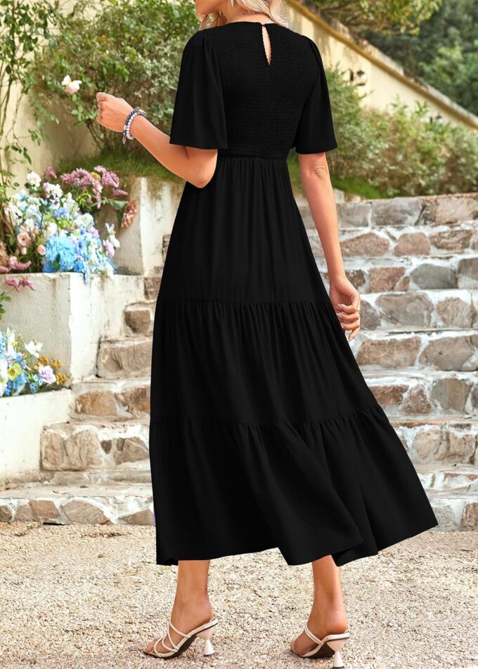 KIRUNDO Womens Fashion 2025 Spring Summer Casual Flutter Short Sleeve Midi Dress Smocked Tiered Aline Going Out Dresses – Bild 2