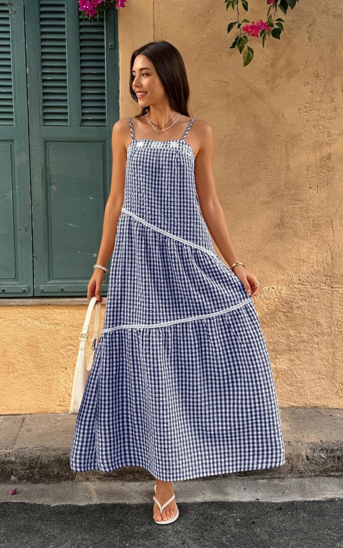 ECOWISH Women Sleeveless Maxi Dress: Summer Spaghetti Strap Casual Loose Boho Beach Dress Asymmetric Tiered Flowy Long Dress – Bild 2