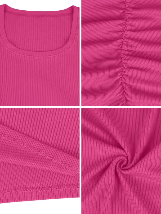 Missufe Women's Scoop Neck Short Sleeve Ruched Bodycon Sundress Ribbed Knit Slim Fit Casual Pencil Dress 2025 – Bild 6
