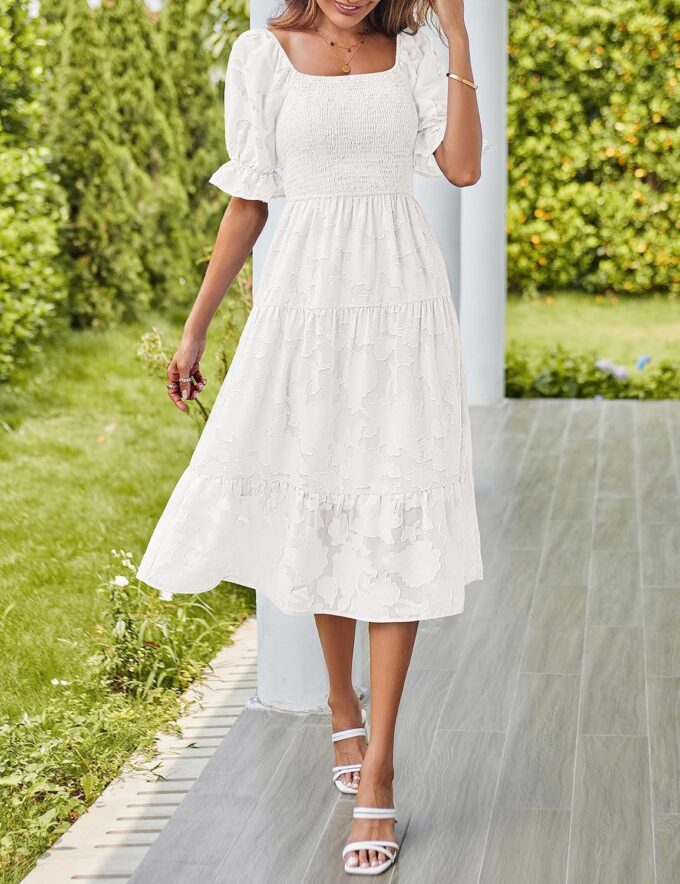 MEROKEETY Womens 2025 Summer Short Puff Sleeve Smocked Square Neck Floral Textured Tiered Midi Dress – Bild 7