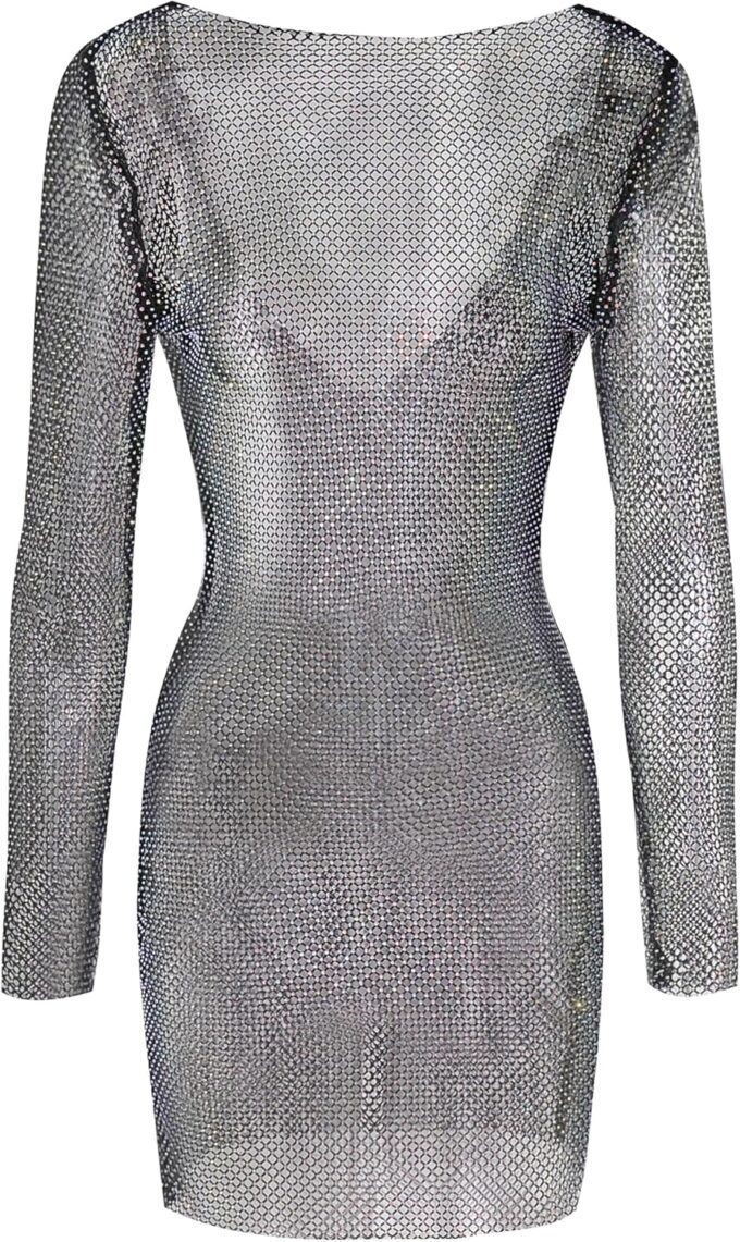 Lorelei Women's Rhinestone Sheer Mesh Dress Long Sleeve Slim Fit V Shaped Back Party Clubwear Dress