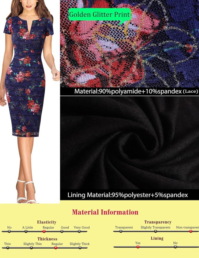 VFSHOW Damen Front-Reißverschluss, schmal, Arbeit, Büro, Business, Cocktail, Party, Bleistiftkleid, Marineblau und Rot mit Blumenmuster, Klein – Bild 7