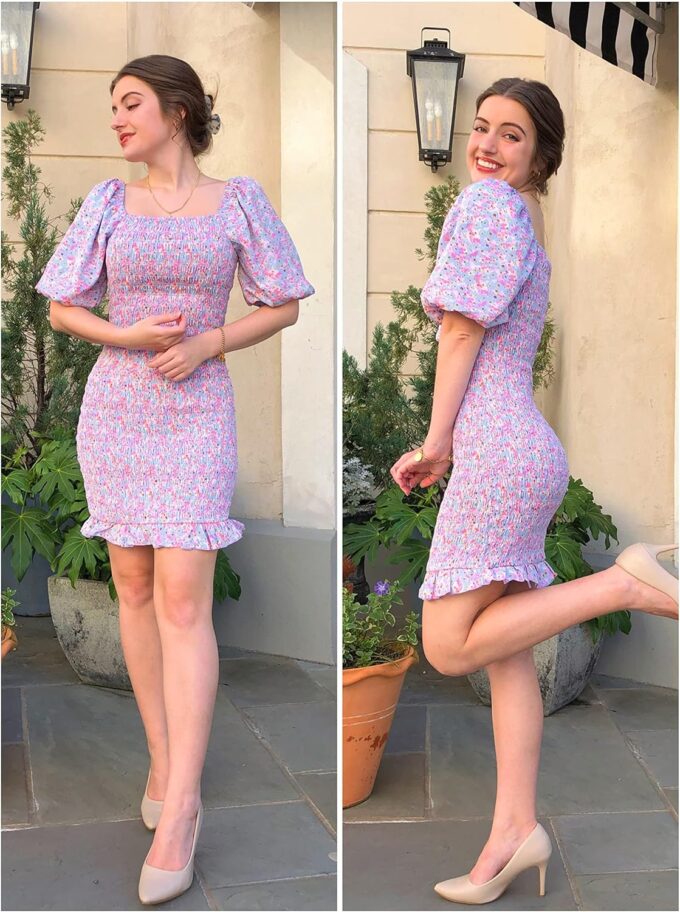 PRETTYGARDEN Women's 2025 Summer Floral Puff Sleeve Mini Dress Square Neck Ruffle Hem Bodycon Dresses Smocked Dress Women – Bild 6