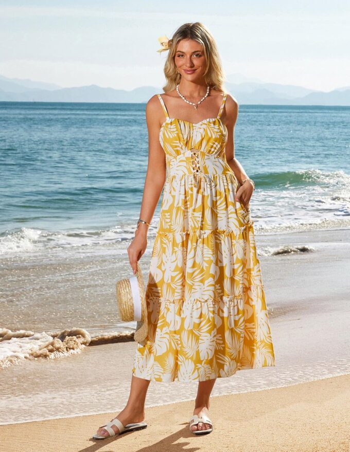 GRACE KARIN Women's Summer Floral Dress 2025 Spaghetti Strap Smocked Tiered Casual Boho Maxi Long Sundress with Pockets – Bild 4