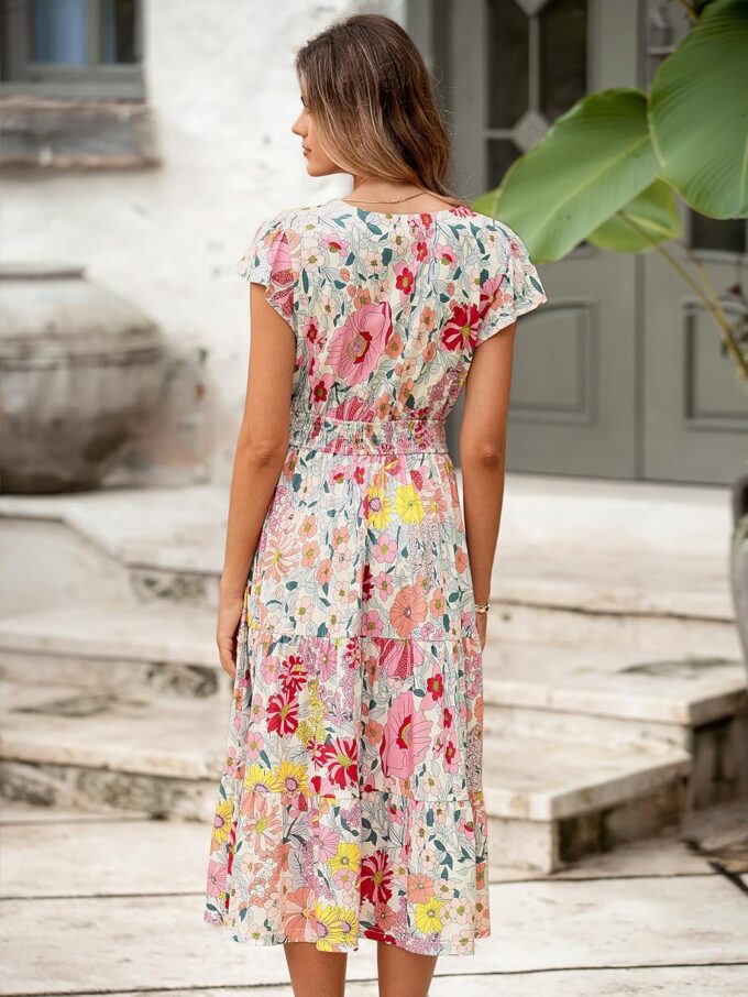 BerryGo Women's Floral Boho Ruffle Summer Midi Dress Short Sleeve V Neck Empire Waist Swing Flowy Dress – Bild 7