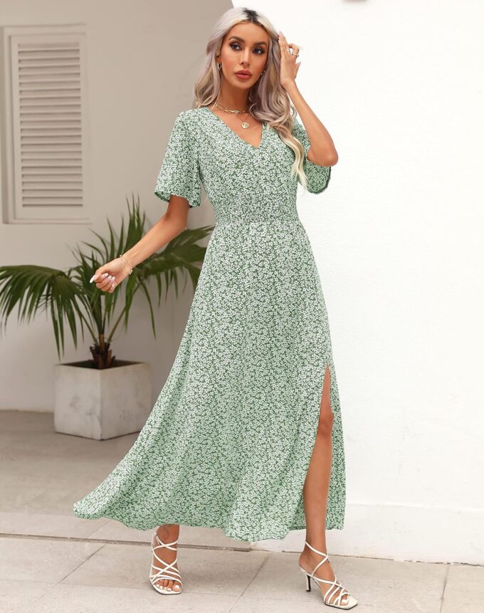 Kranda Women 2025 Summer Spring V Neck High Waist Short Sleeve Casual Long Boho Floral Swing Flowy Slit Beach Maxi Dress – Bild 5