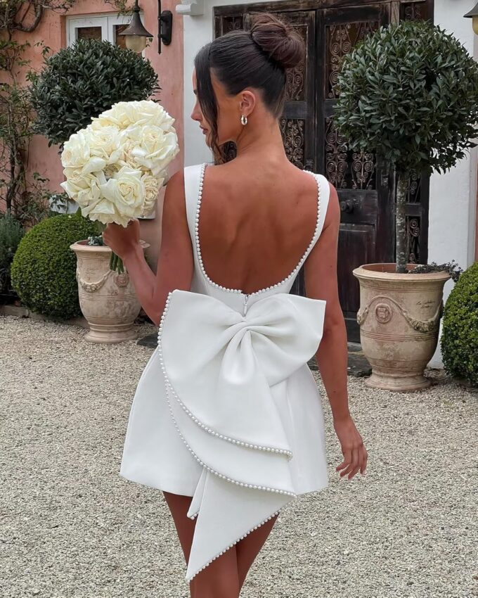 Satin Short Wedding Dresses for Women Beading Backless Bridal Shower Dresses for Bride Detachable Bow Wedding Dress – Bild 2