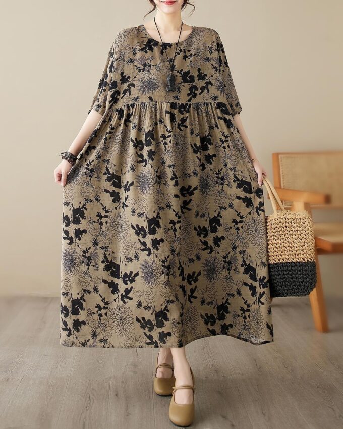 ellazhu Women's Summer Short Sleeve Maxi Length Solid Colord Floral Printed Patchwork Dress GA2677 – Bild 4