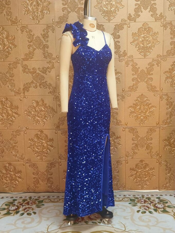 Cololura Women Sexy Elegant Sequin High Split Ruffled Hem Mermaid Party Cocktail Bodycon Formal Evening Gowns Maxi Dress – Bild 8