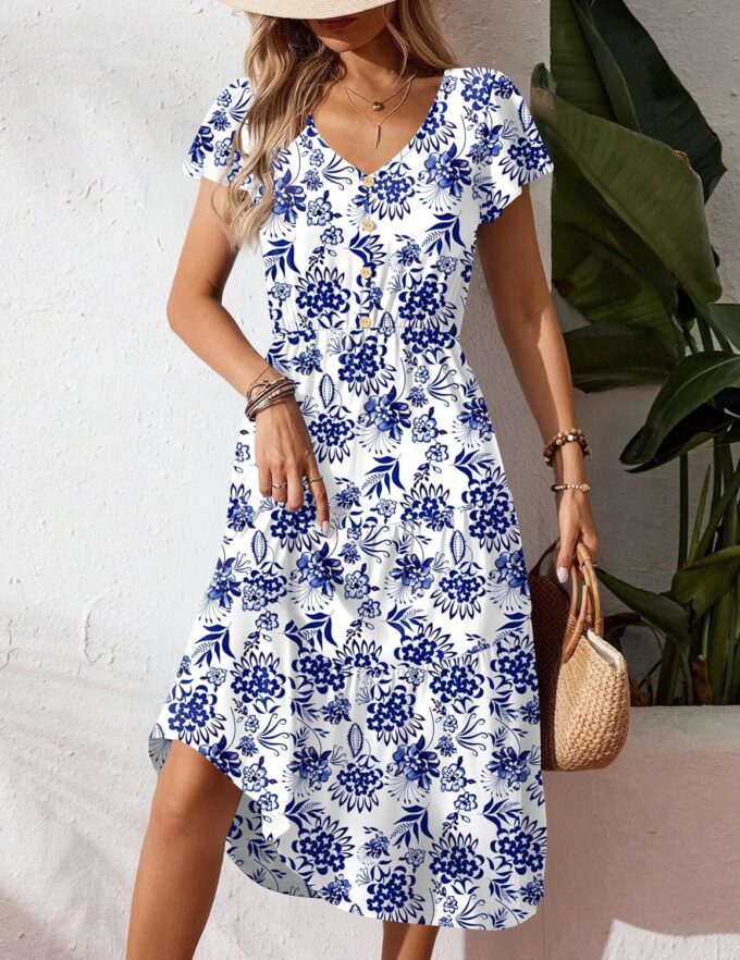 Zeagoo Women's Summer Casual Dress Flutter Short Sleeve V Neck Button Down Tiered Flowy Long Dress with Pockets – Bild 5