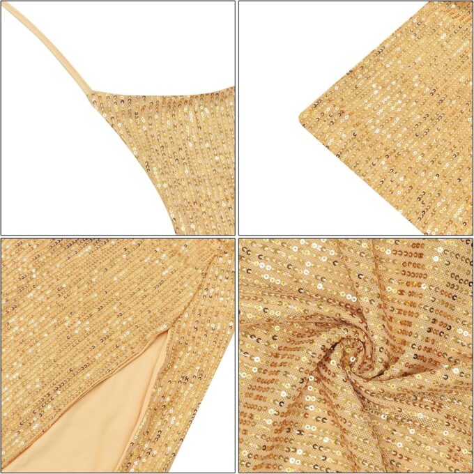 Women's Sequin Halter Bodycon Mini Dress Split Hem Backless Cowl Neck Sexy Short Dress Open Back Cocktail Party Dresses – Bild 4