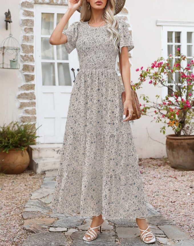 Kranda Women Summer Dress Round Neck Flutter Short Sleeve Smocked Ruffle Tiered Floral Maxi Dress 2024 – Bild 2