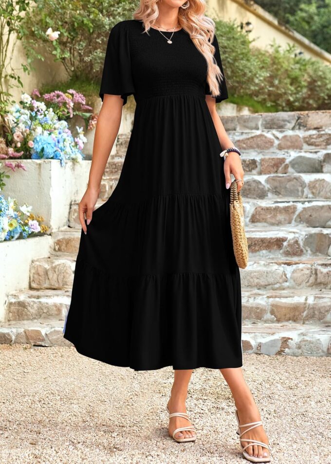 KIRUNDO Womens Fashion 2025 Spring Summer Casual Flutter Short Sleeve Midi Dress Smocked Tiered Aline Going Out Dresses – Bild 5