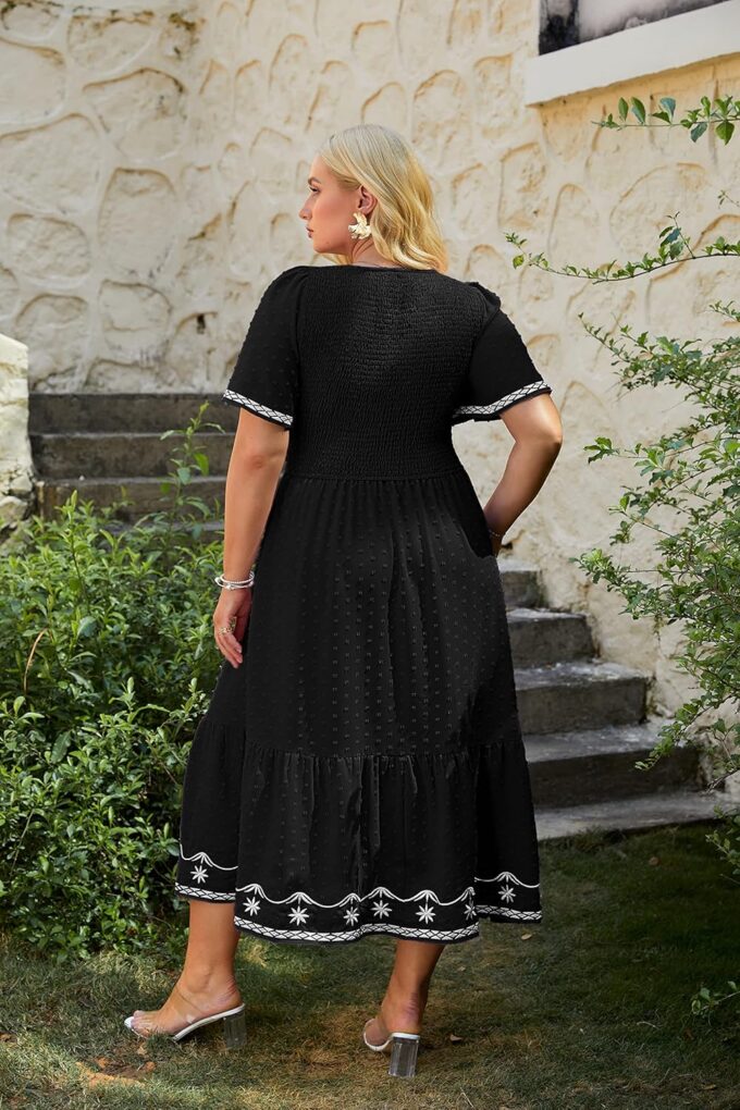 Glamaker Women's Plus Size Summer Casual Short Sleeve Smocked Square Neck A Line Flowy Midi Dress Long Dress – Bild 5