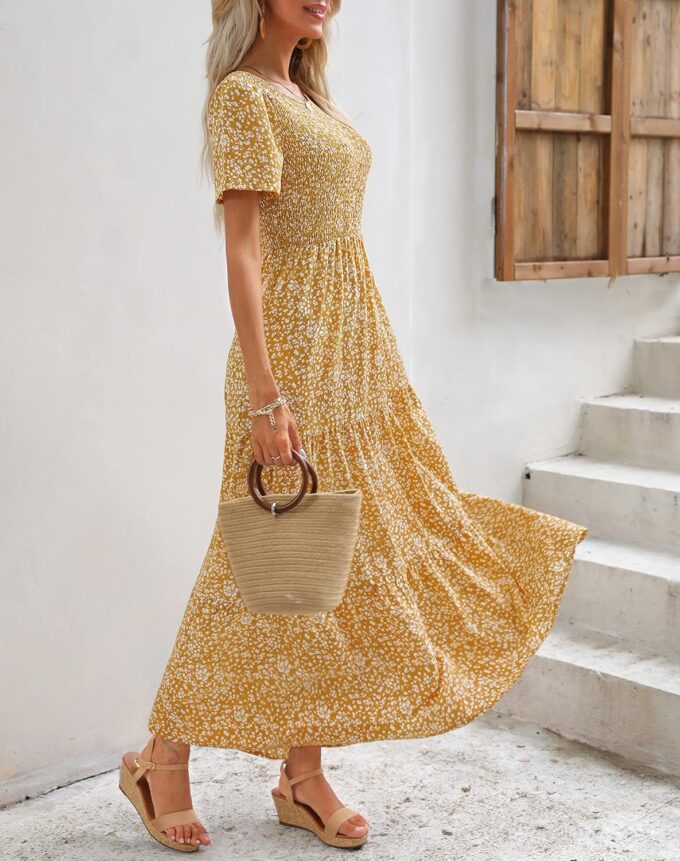Maggeer Womens 2025 Spring Summer Smocked Wedding Guest Maxi Dress Casual Short Sleeve Floral Boho Flowy Long Dress – Bild 3