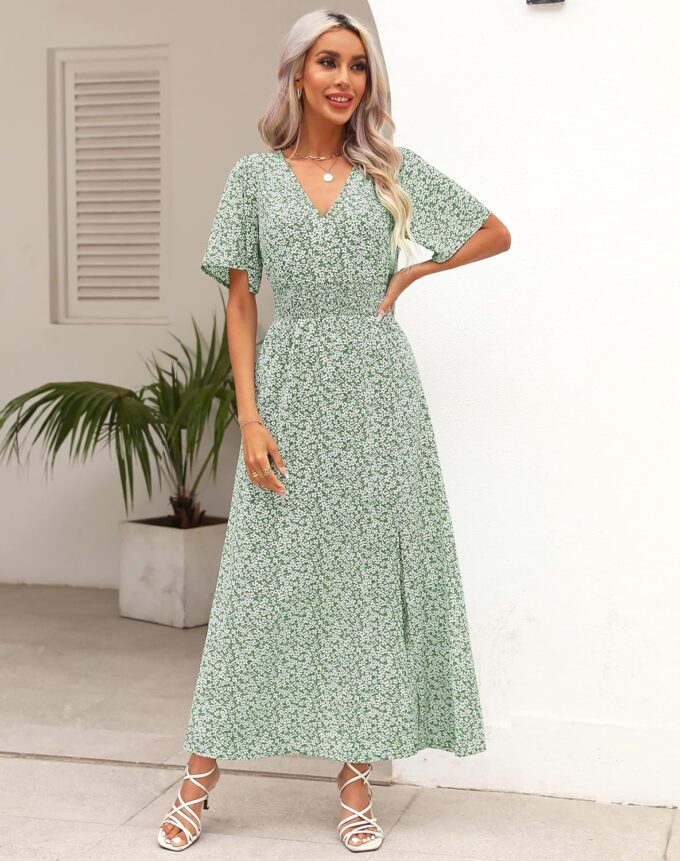 Kranda Women 2025 Summer Spring V Neck High Waist Short Sleeve Casual Long Boho Floral Swing Flowy Slit Beach Maxi Dress – Bild 6