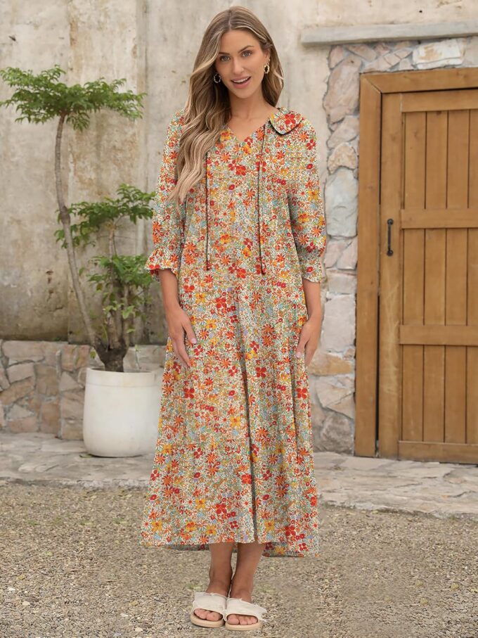 ANRABESS Women's Boho Maxi Dresses 2025 Summer Casual V Neck Puff Sleeve Floral Tiered Flowy Swing Beach Vacation Long Dress – Bild 2