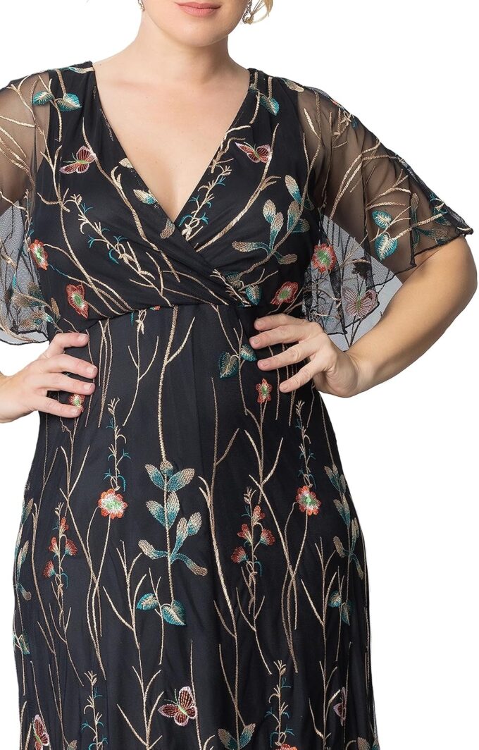 Kiyonna Women's Plus Size Floral Embroidered Elegance Evening Gown | Flattering Long Formal Mesh Dress w/Sleeves – Bild 2
