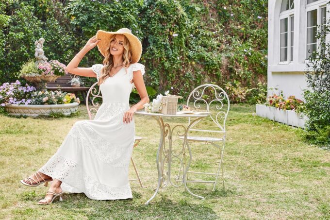 GRACE KARIN Women Summer Maxi Dresses Casual V Neck Ruffle Sleeve Lace Eyelet Tiered A Line Flowy Sundress with Pockets – Bild 7