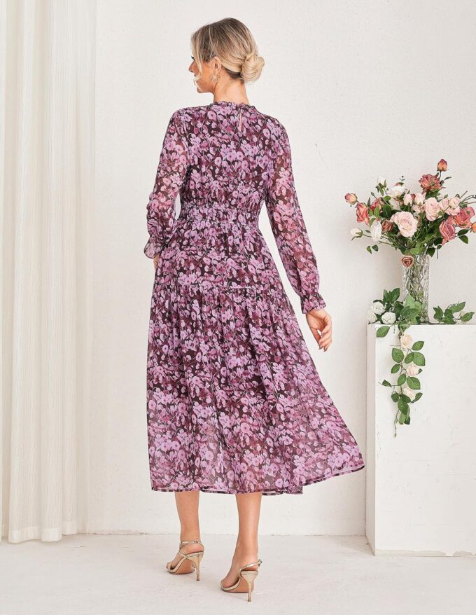 GRACE KARIN Women's Long Sleeve Maxi Dress Fall 2025 Chiffon Flowy Wedding Guest Dresses Floral Tiered Dress with Pockets – Bild 4