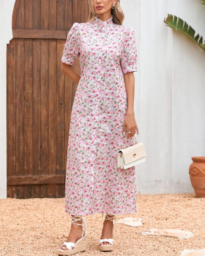 Women's Floral Button Down Shirt Midi Dress Casual Puff Sleeve Ruffle Collar Dress Summer Beach Party Dress – Bild 6