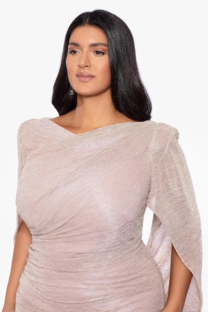 Betsy & Adam Women's Plus Size Long Metallic Stretch Cowl Neck Drape Back Dress – Bild 4