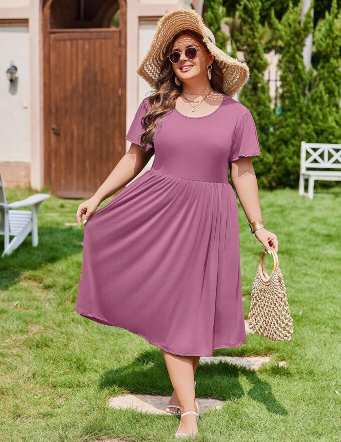 IN'VOLAND Women Plus Size Short Sleeve Dress Loose Summer Casual A-Line Flowy Midi Dresses with Pockets – Bild 2