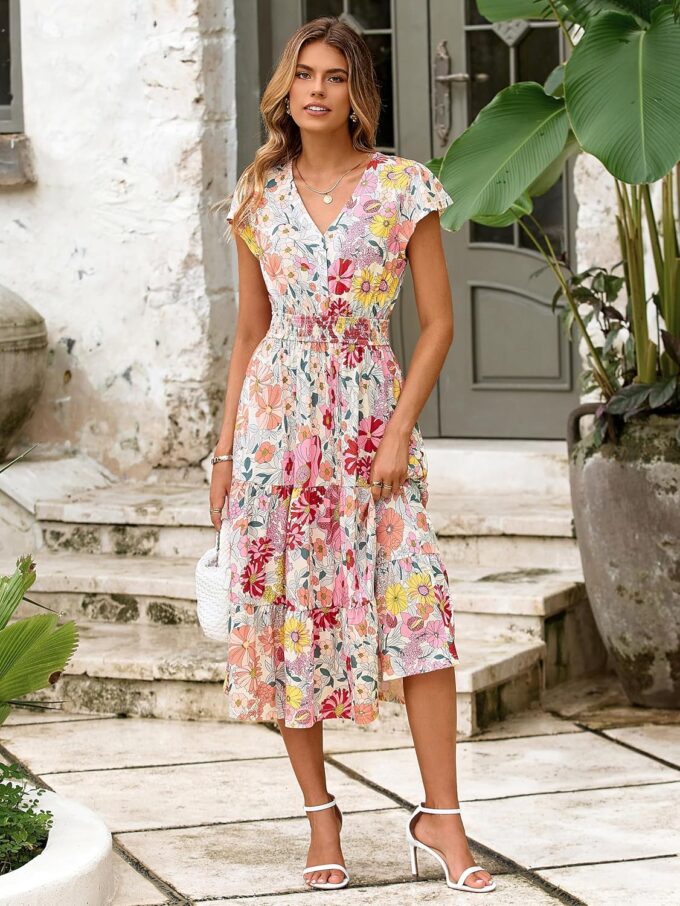 BerryGo Women's Floral Boho Ruffle Summer Midi Dress Short Sleeve V Neck Empire Waist Swing Flowy Dress – Bild 2