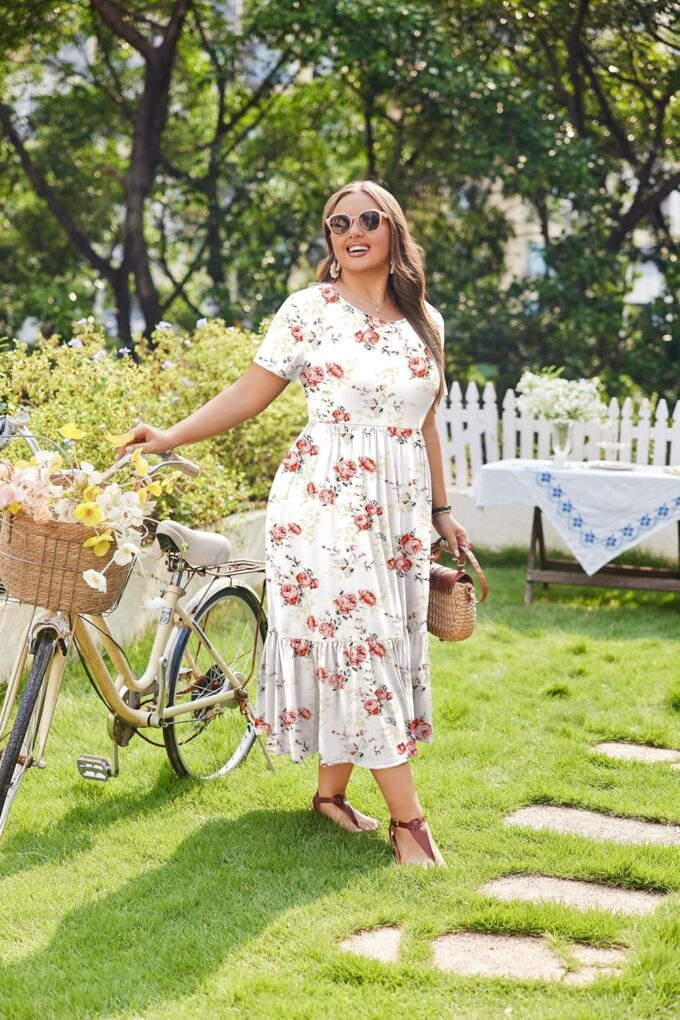 IN'VOLAND Women Plus Size Short Sleeve Dress Loose Plain Casual Summer Flowy Tiered Long Maxi Dresses with Pockets – Bild 3