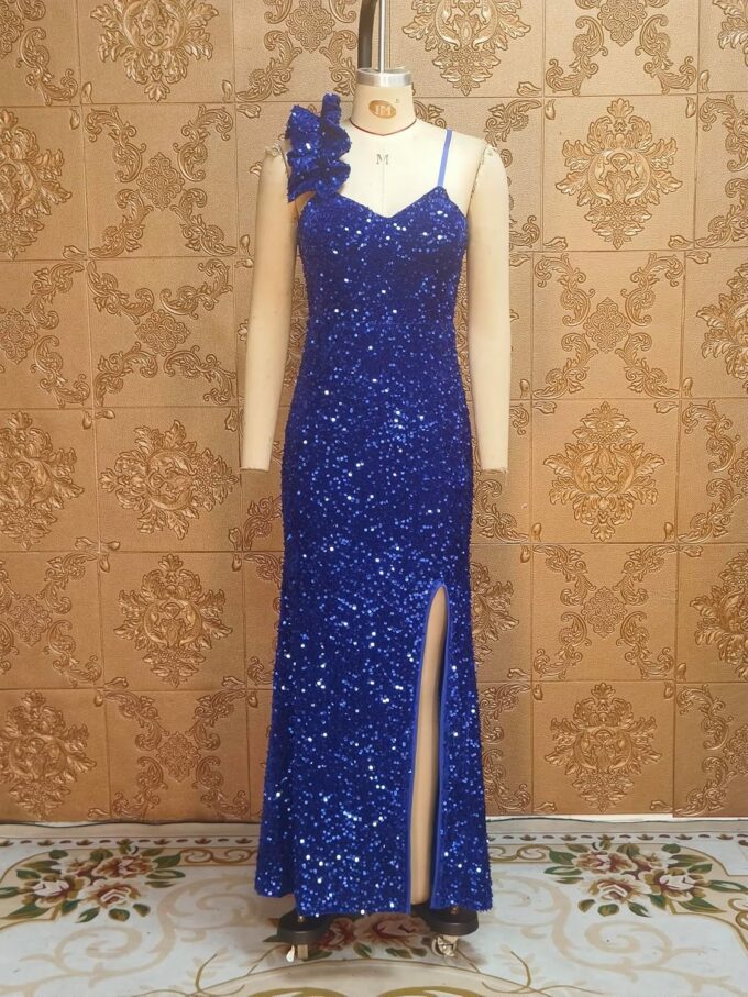 Cololura Women Sexy Elegant Sequin High Split Ruffled Hem Mermaid Party Cocktail Bodycon Formal Evening Gowns Maxi Dress – Bild 9