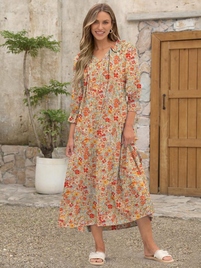 ANRABESS Women's Boho Maxi Dresses 2025 Summer Casual V Neck Puff Sleeve Floral Tiered Flowy Swing Beach Vacation Long Dress – Bild 4