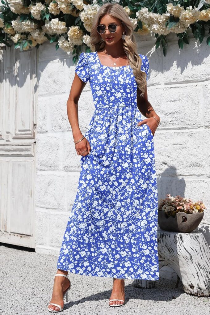 AUSELILY Women's Maxi Dresses with Pockets Petal Short Sleeve Square Neck Casual Long Dress 2025 – Bild 2