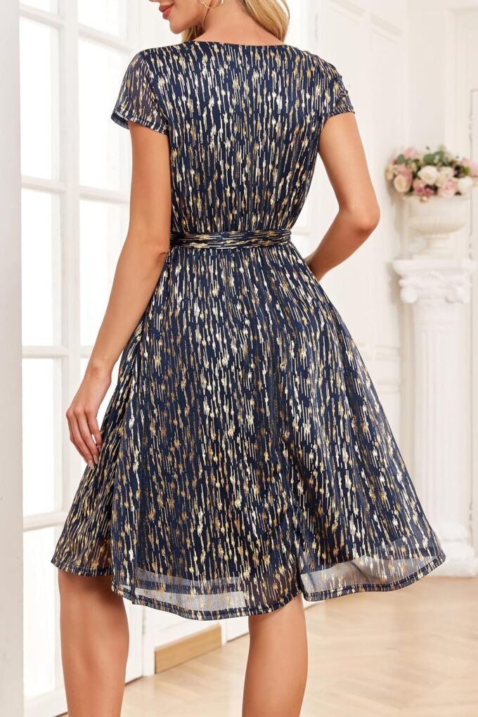 Women's Sparkly Glitter Summer Cocktail Party & Wedding Guest Dress - Short Sleeve with Pockets – Bild 5
