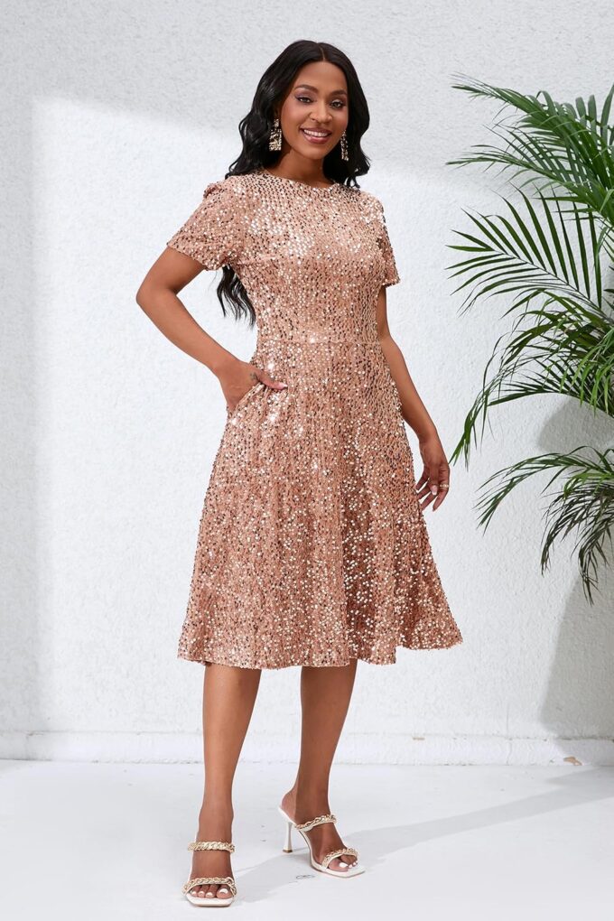 Sequins Glitter Short Sleeve Women's Maxi A-line Dress - Sparkly Party Elegant – Bild 6