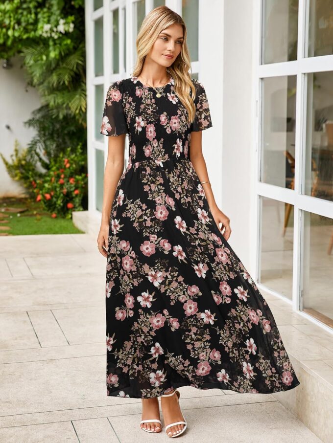 Simplee Womens Summer Floral Casual Maxi Dresses Flutter Short Sleeve Crew Neck Smocked Chiffon Boho Flowy Dress – Bild 5