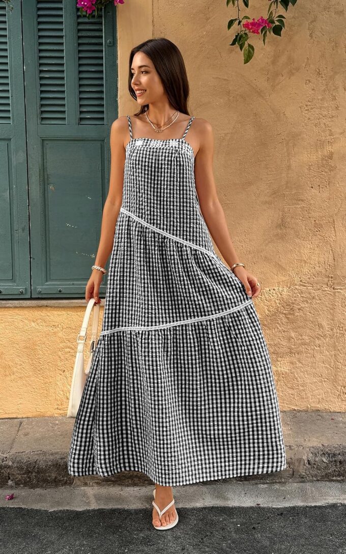 ECOWISH Women Sleeveless Maxi Dress: Summer Spaghetti Strap Casual Loose Boho Beach Dress Asymmetric Tiered Flowy Long Dress – Bild 2