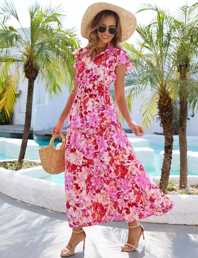 Kranda 2025 Women Summer Self-tie V Neck High Waist Ruffle Cap Sleeve Flowy Tiered Long Boho Floral Maxi Dress with Pockets – Bild 2