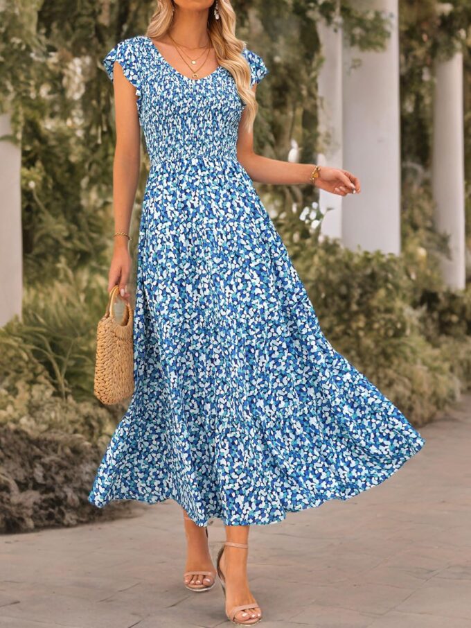 MASCOMODA Womens Summer Maxi Dress Casual V Neck Cap Sleeve Smocked Dresses Ruffle Tiered Beach Party Long Flowy Sundresses – Bild 6