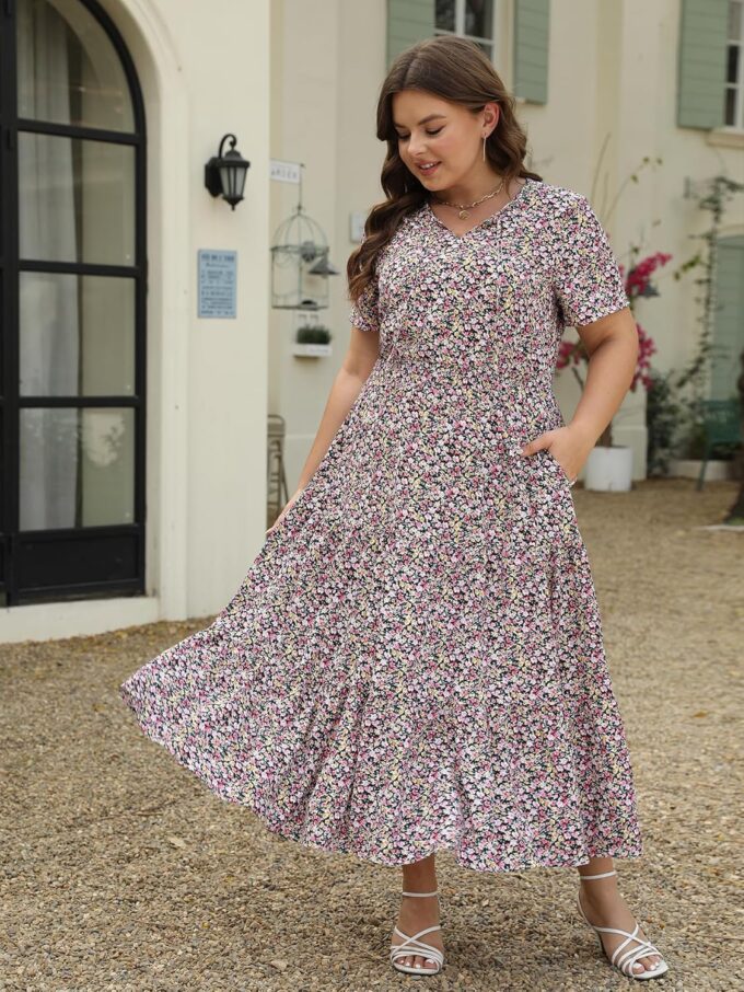 Keluummi Plus Size Summer Maxi Dresses for Curvy Women, Casual Floral Flowy Empire Waist Tiered A Line Dress with Pockets – Bild 2