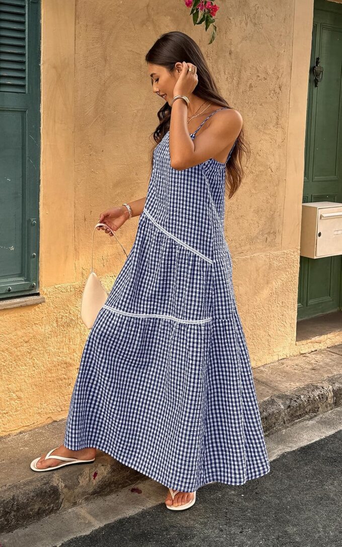 ECOWISH Women Sleeveless Maxi Dress: Summer Spaghetti Strap Casual Loose Boho Beach Dress Asymmetric Tiered Flowy Long Dress – Bild 5