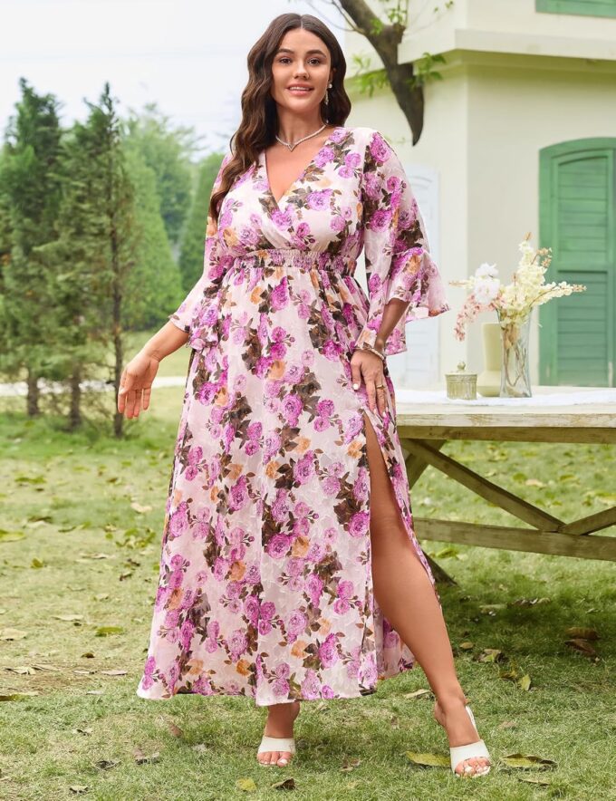 Women's V Neck Floral Dress Bell Half Sleeve Smocked Waist Side Split Flowy A Line Maxi Wedding Guest Dresses – Bild 6
