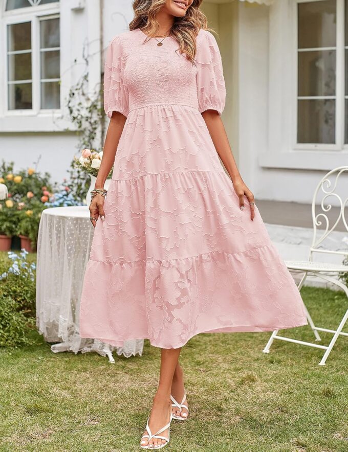 MEROKEETY Women's 2025 Summer Puff Sleeve Smocked Floral Dress Crewneck Lace Flowy Tiered Midi Dresses – Bild 2