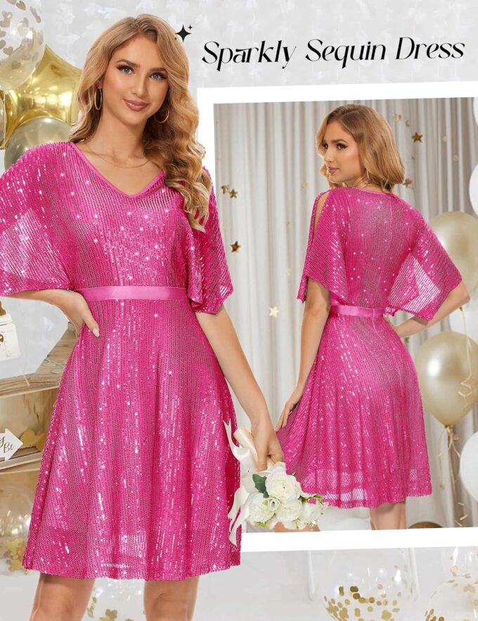 Wedtrend Women's Sparkly Sequin Dress Bat Sleeves Cocktail Dress Glitter Club Dress – Bild 2