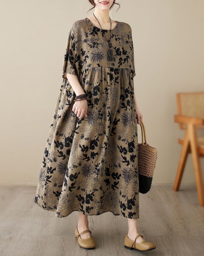 ellazhu Women's Summer Short Sleeve Maxi Length Solid Colord Floral Printed Patchwork Dress GA2677 – Bild 5